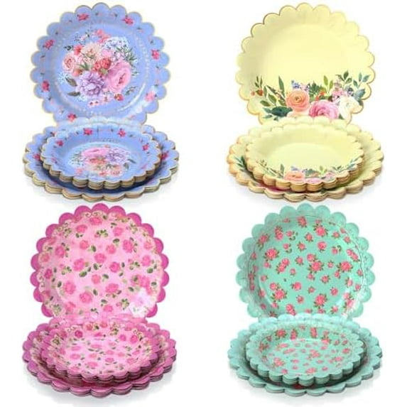 64 Pcs Floral Vintage Plates Paper Tea Party Tableware Set 9 Inch and 7 Inch Plates for Tea Party Birthday Baby Shower Wedding Bachelorette Party Supplies(Flowers)$$Home Decor, Kitchen, & Other