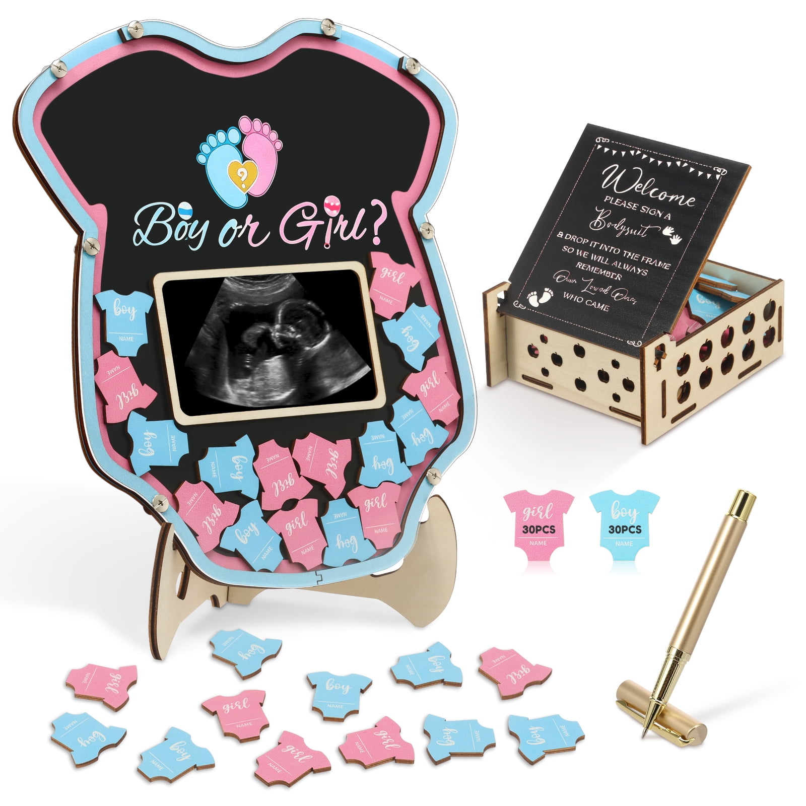 64 Pcs Gender Reveal Baby Shower Guest Book Alternatives Set Baby Shower Decorations with Photo Frame Sonogram Frame Keepsake 60 Wood Slices Guest Book for Expecting Parents and Celebrations