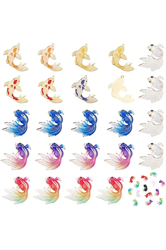 64 Pcs Charms Pendants 12 Colors UV Printing Fish Resin Cabochons Alloy Enamel Koi Fish Pendants for Necklace Earrings Bracelets Jewelry Making Accessory