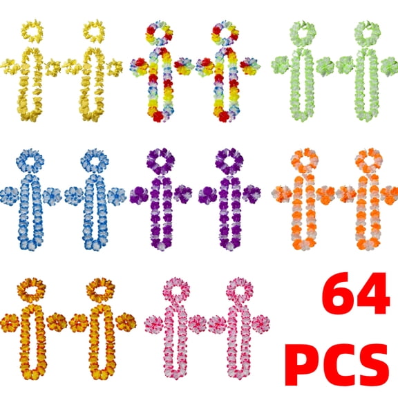 64 Pcs Hawaiian Leis for Luau Party Decorations, Tropical Themed Silk Hawaiian Flowers Leis Bulk Necklace Headband Wristband for Summer Beach Vacation Hula Dance Party Favors Supplies Decor