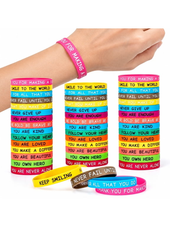 64 Pcs Motivational Silicone Bracelets, 16 Inspirational Quote Wristband Designs for Office Teams and Event Hosts, Colorful Stretchable Rubber Bracelets for Events, Birthday Parties and Holiday Gifts