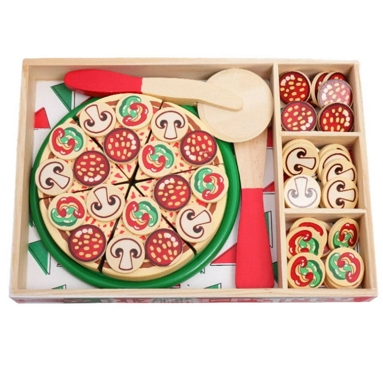 64 Pcs Pretend Play Wooden Pizza Toy for Kids, Pizza Play Food Set for  Children Pizza Party Food Cooking and Cutting Wooden Play Food Set Toy 
