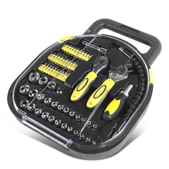 64 Pcs Protable Fastener Removal Tool Kit Screwdriver Bit & Ratchet & Sockets & Flex Extension Yellow
