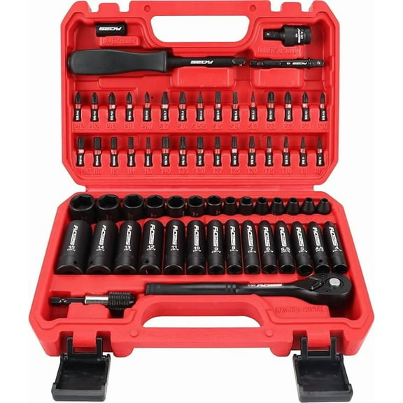 64-Piece 1/4" Drive Impact Socket Wrench Driver-Bits Set, Cr-V Metric&SAE Deep and Shallow Socket Set, S2 Power Bits with Quick-Release Ratchet Handle, Universal Joint, Bit Holder, Power Drill Adapter