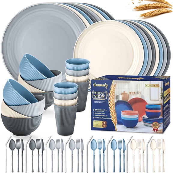 64-Piece Unbreakable Reusable Dinnerware Set for 8 Plates, Bowls, Cups, Utensils, and Straws Seaside Blue-Grey Mix, Microwave & Dishwasher Safe