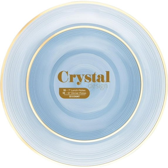 64 Pieces Crystal Design Plastic Plates Combo Pack 7 inch and 10 inch Gold Rim Elegant Disposable Plates, Transparent Pink
