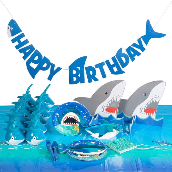 64 Pieces Jawsome Shark Party Tableware Kit for 8 Guests