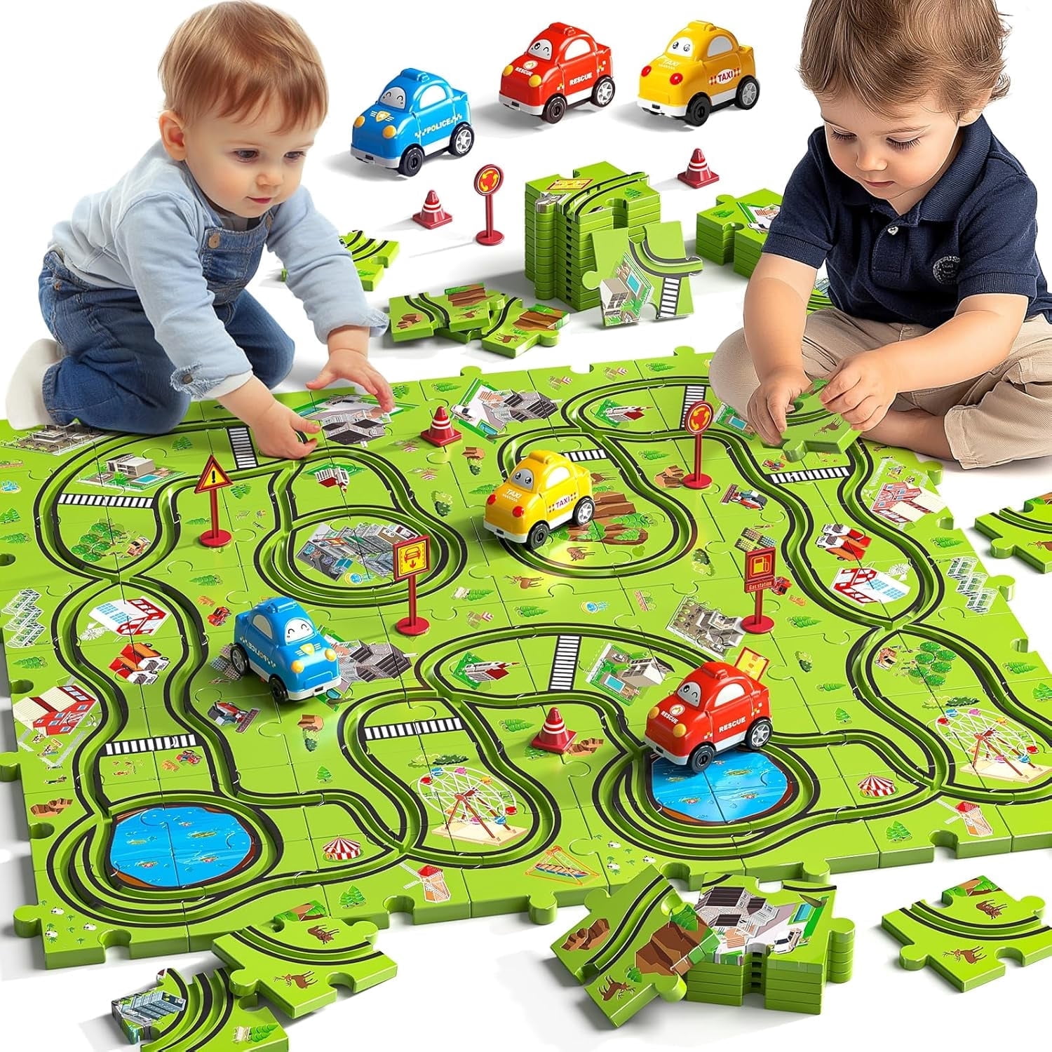 ConeWhale Puzzle Race Track Car Set City-Themed 64 Pieces with 3 Sliding Toy Cars for Ages 3+