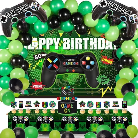 64 Pieces Video Game On Theme Party Supplies Decorations with Happy Birthday Gaming Backdrop, Game Table Covers, Cake Topper, Foil Gamer Balloons, Multi-Color Balloons. Perfect for Game Party! Y114