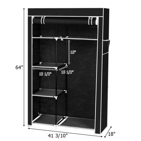 64" Portable Closet Storage Organizer Wardrobe Black 41.3W x 18.0D x 64H Steel Frame with 6 Shelves & Movable Hanging Rod Dustproof & Waterproof
