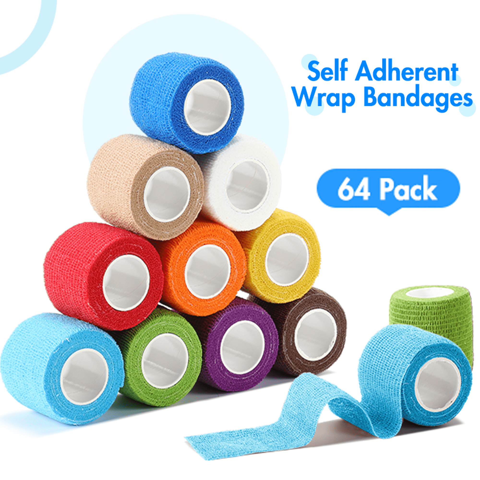 64 Rolls Self Adhesive Stretch Bandage Wrap 1 inch x 4.9 Yards, Adherent Cohesive Vet Tape for First Aid, Wrist and Ankle Swelling, Animals, Pets, Sports (16 Colors)