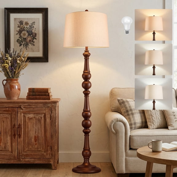 64 Vintage Spindle Floor Lamp for Living Room, Mid-Century Tall Standing Lamp with Drum Linen Shade for Bedroom, Office(Bulb Included)