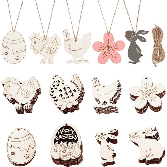 64 Sets Unfinished Easter Wood Cutouts 8 Different Shapes Blank Egg Rooster Hen Rabbit Flower Wooden Slices with Hemp Ropes DIY Hanging Ornaments for Easter Party Decorations for DIY