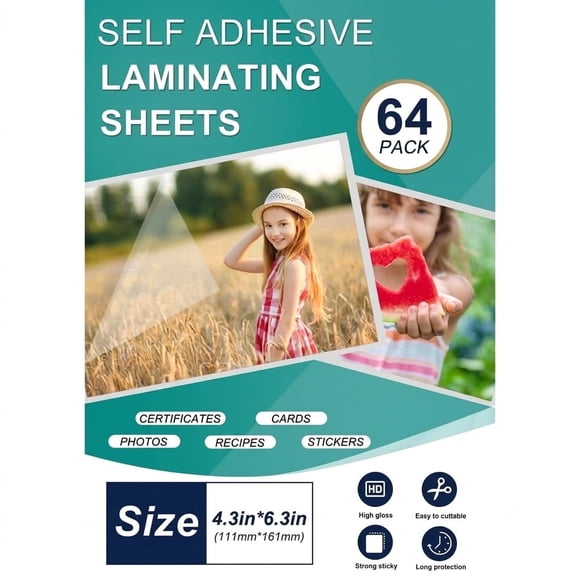 64-Pack Self-Adhesive Laminating Sheets 4.3" x 6.4", Clear Cold Laminating Film No Machine Needed, Waterproof & Scratch Resistant Protector for Photos, Labels, Cards, Stickers & Crafts