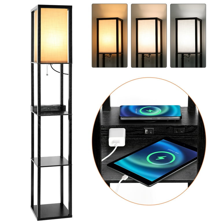 Black Wood Floor Lamp With Circular Usb Charging Station Shelf