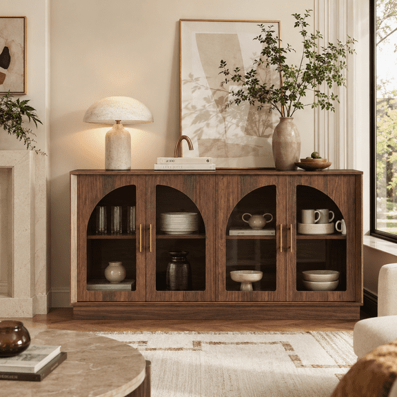 Wetalus 64.1" Sideboard Buffet Cabinet with Arched Glass Doors, Walnut