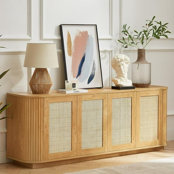 64" Sideboard Buffet Rattan Cabinet, Modern Fluted Credenza with Adjustable Shelves, Wooden Storage Cabinet TV Stand for Living Room Kitchen Dining Room Hallway, Natural