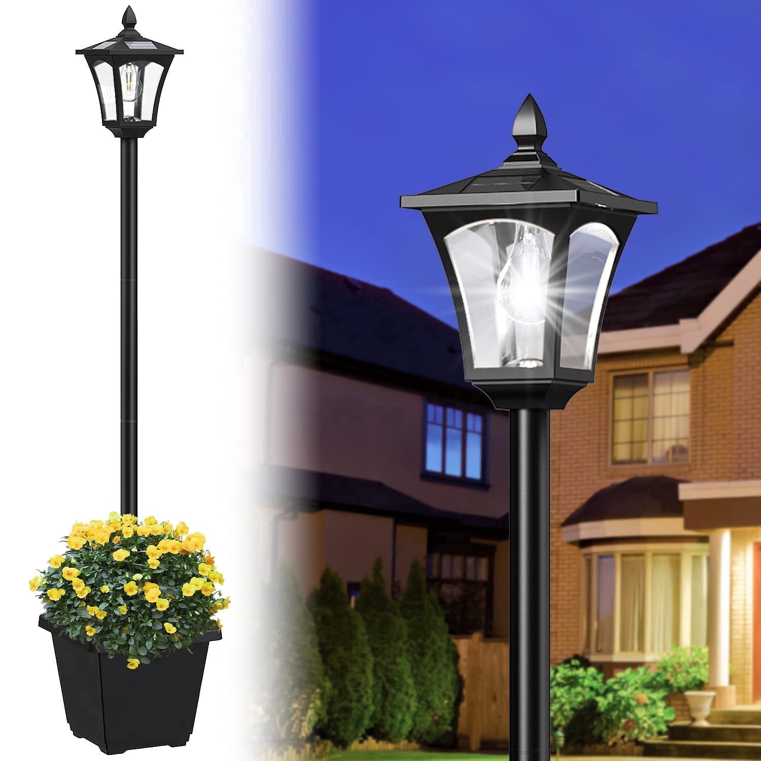 64" Solar Lamp Post Light with Planter, 60 Lumen Street Light Outdoor Waterproof, Outside Pole Lamp Dusk to Daw for Pathway, Garden, Driveway, Lawn, Front Back Door, 6000K Cool White