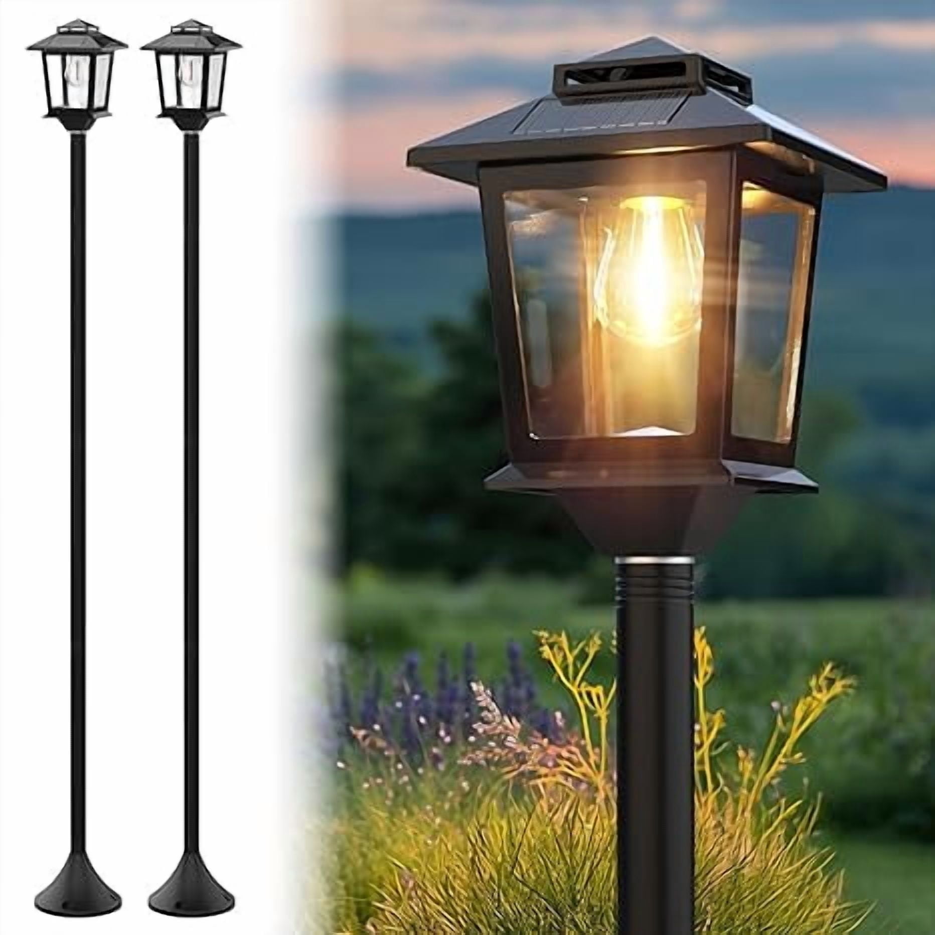 64" Solar Outdoor Light Waterproof 2 Pack, Aluminum Glass Solar Lamp Post Light with Auto On/Off 3000K Warm White, Outdoor Floor Lamp for Garden, Backyard, Patio, Driveway Decor