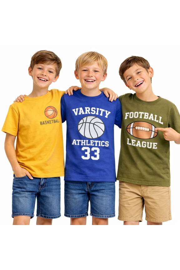 4-13 Little/Big Boys Blue/Green/Yellow Varsity Athletics 100% Cotton 3-Pack Short Sleeve T-Shirt, Size 10-11
