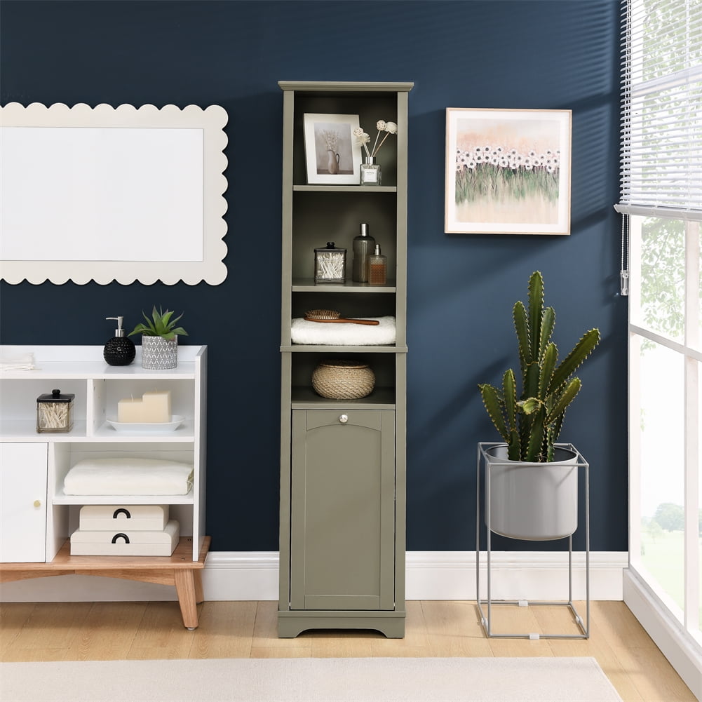 64" Tall Bathroom Cabinet for Small Spaces, Narrow Corner Floor Cabinet With 1 Laundry Hamper ...