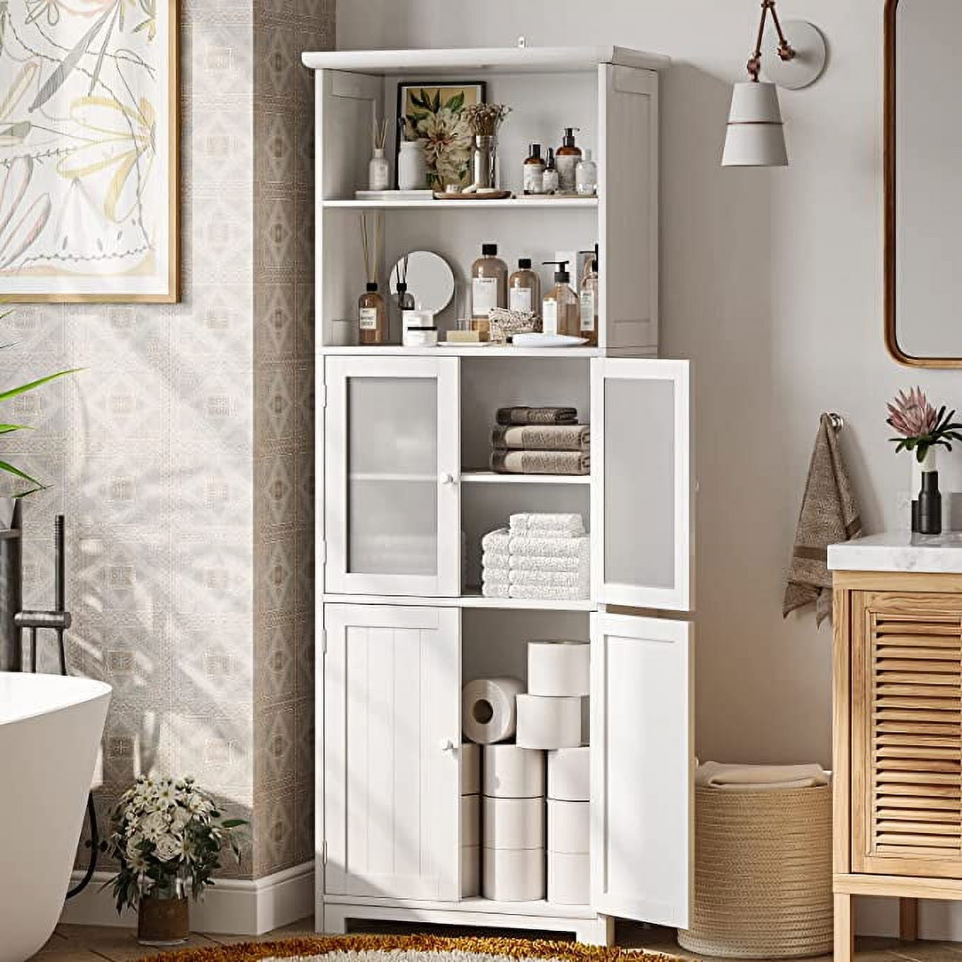 "White 64"" Tall Freestanding Wooden Bathroom Storage Cabinet with ...