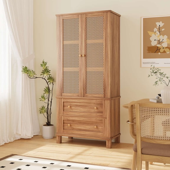 64" Tall Farmhouse Pantry Cabinet , Adjustable Shelves & Anti-Toppling Design With 2 Rattan Doors & 2 Drawers ,Solid Wood Freestanding Storage Cabinet for Kitchen Bathroom Living Room Dining Room
