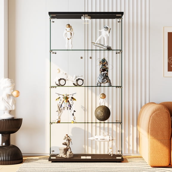 64" Tall Glass Display Cabinet with LED Light & Lock, Tempered Glass 2-Door Curio Showcase with 4 Adjustable Shelves, Collection Storage Cabinet for Living Room Bedroom Office
