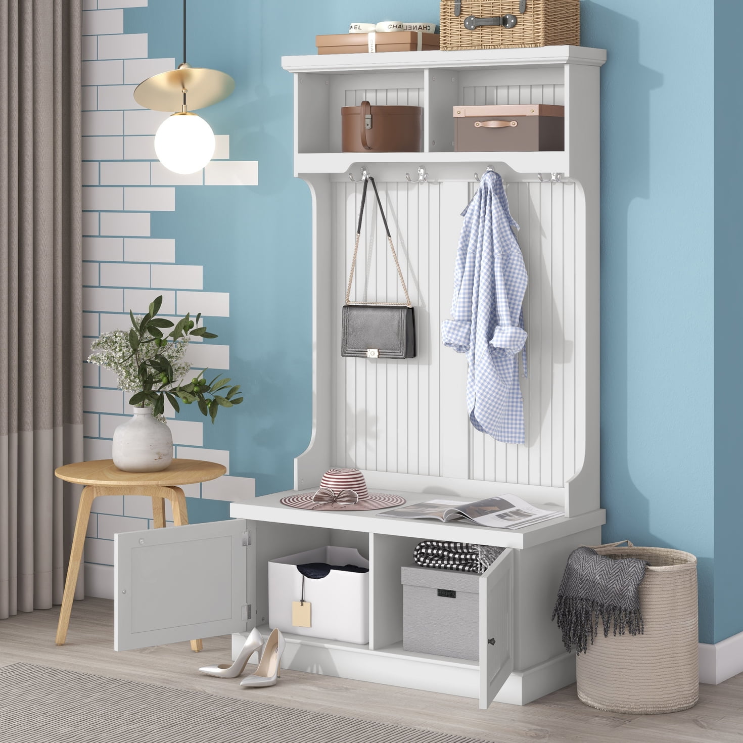 64" Tall Hall Storage Tree, Modern 4in1 Wood Coat Tree Storage