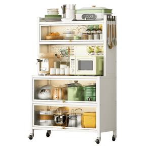 64'' Tall Kitchen Bakers Rack with Flip Door Cabinet, 5 Tier Multifunctional Microwave Stand Buffet, Coffee Bar, Kitchen Pantry Storage Cabinet Shelf, Quick Assembly, White