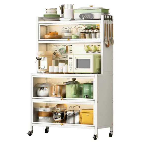 64'' Tall Kitchen Bakers Rack with Flip Door Cabinet, 5 Tier Multifunctional Microwave Stand Buffet, Coffee Bar, Kitchen Pantry Storage Cabinet Shelf, Quick Assembly, White