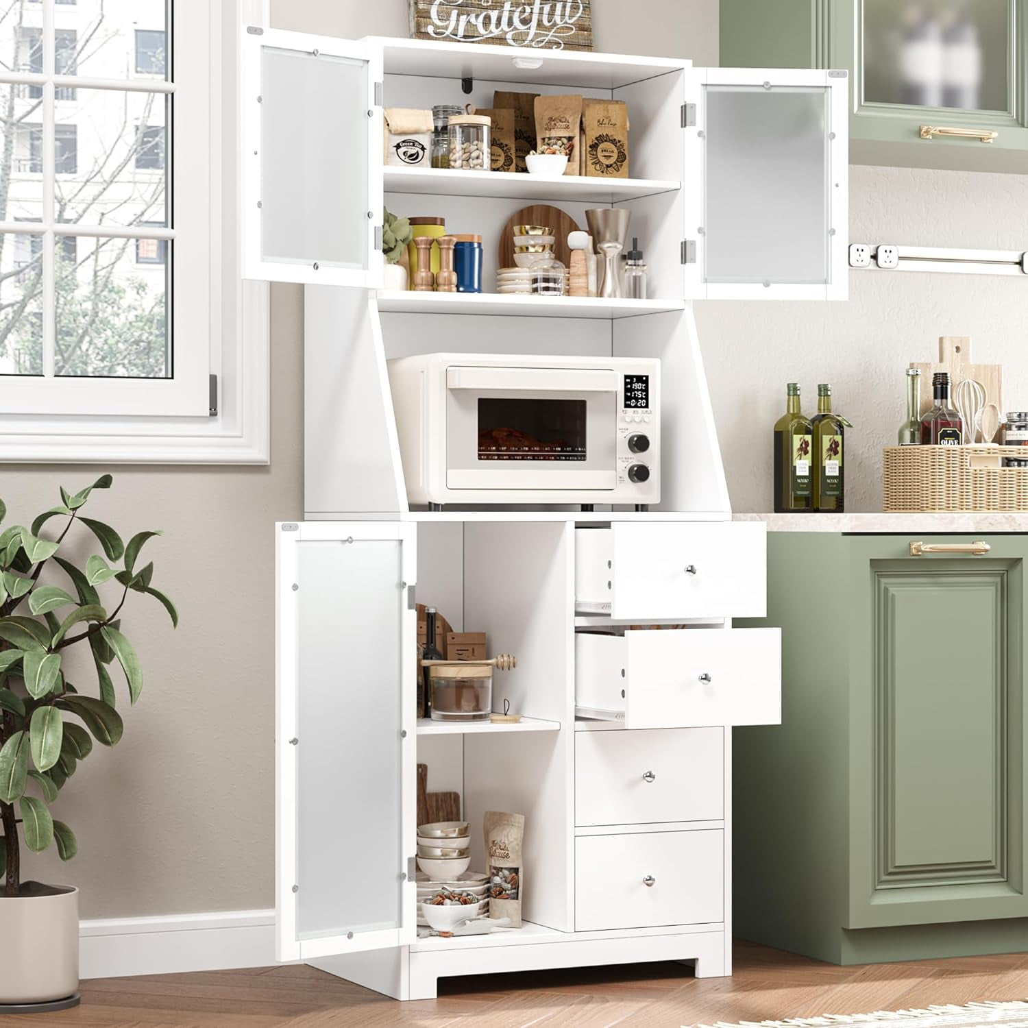 64'' Tall Kitchen Storage Cabinet, Kitchen Hutch with Microwave Stand ...