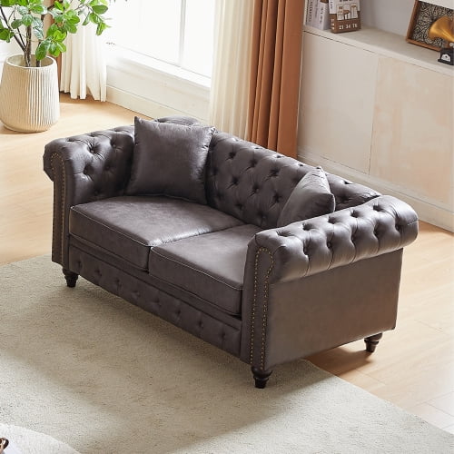 64" Tech Fabric Rustic Couch, Contemporary Sofa with Button Tufted, Modern Accent Couch with Wooden Legs for Living Spaces, Grey
