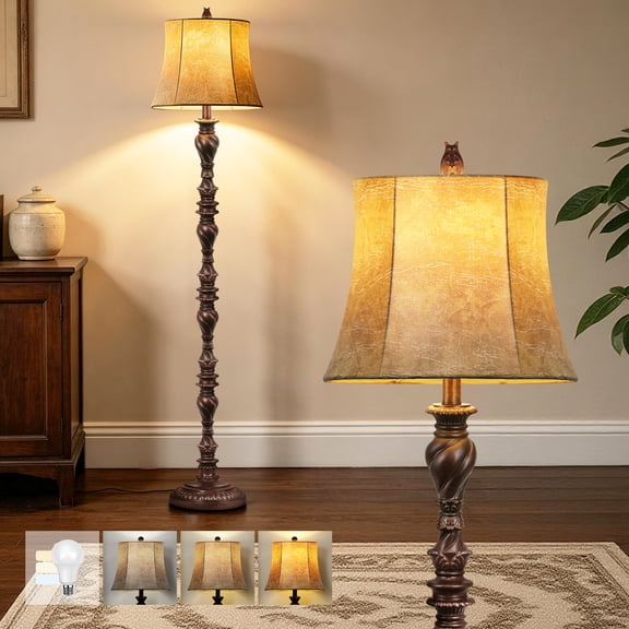 64 Traditional Vintage Floor Lamp with Faux Leather Shade, Antique Bronze Resin Standing Lamp for Living Room, Bedroom, Office (LED Bulb Included)