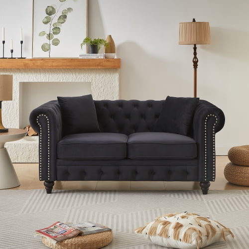 64" Velvet Deep Seat Loveseat Chaise Lounge, Loveseat Sleeper with Button Tufting, Plush Loveseat Chaise Lounge Indoor with Wood Legs for Living Room and Lounge, Black