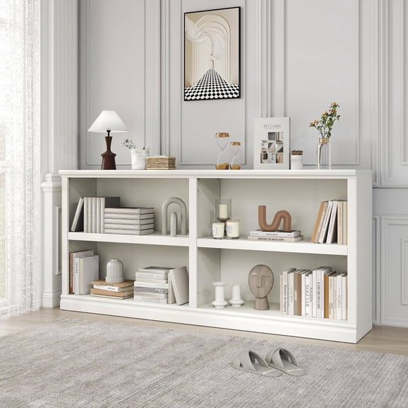 64" W Horizontal 2-Tier Adjustable Bookshelf with 4 Storage Cubes