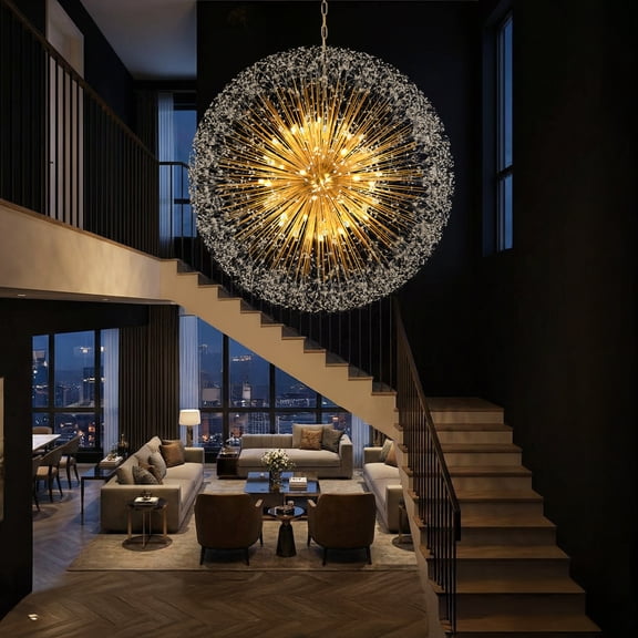 64"W Oversized 24 Lights Crystal Sputnik Chandelier Dimmable Starburst Grand Sphere Chandelier for Mansion Entryway Stairway