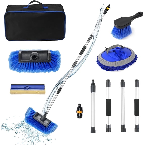 64'' Wash Brush with Long Handle, RV Flow-Through Wash Brush with Adjustable Handle, Anti-Scratch Plus Size Soft Wash Brush Mop with Hose Attachment Wash Kit for SUV RV Boat