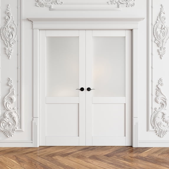 64" X 80" Interior Frosted Glass Paneled French Doors Solid Double Doors With Hardware Kit / Handles