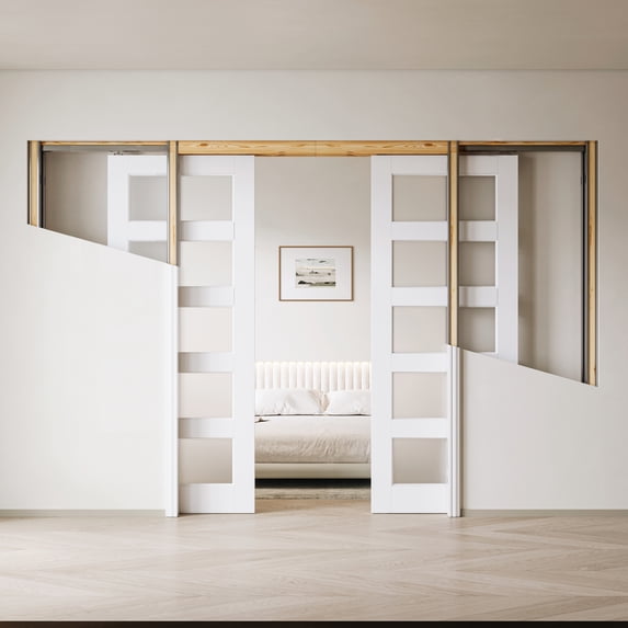 64" X 96" Frosted Glass 5-Lite Sliding Pocket Door White Standard Door with Hardware Kit Set