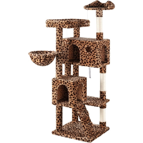 64 in Cat Tree Tower for Indoor Cat: Plush Leopard Print, Sisal Scratching Posts, Cozy Perches Hammock, Multi-Level Activity Center