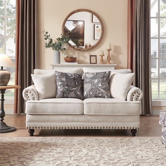 64 in. Chesterfield Couch Beige Chenille 2-Seater Loveseat with Rolled Arm Comfort Nailhead Sofa for Living Room