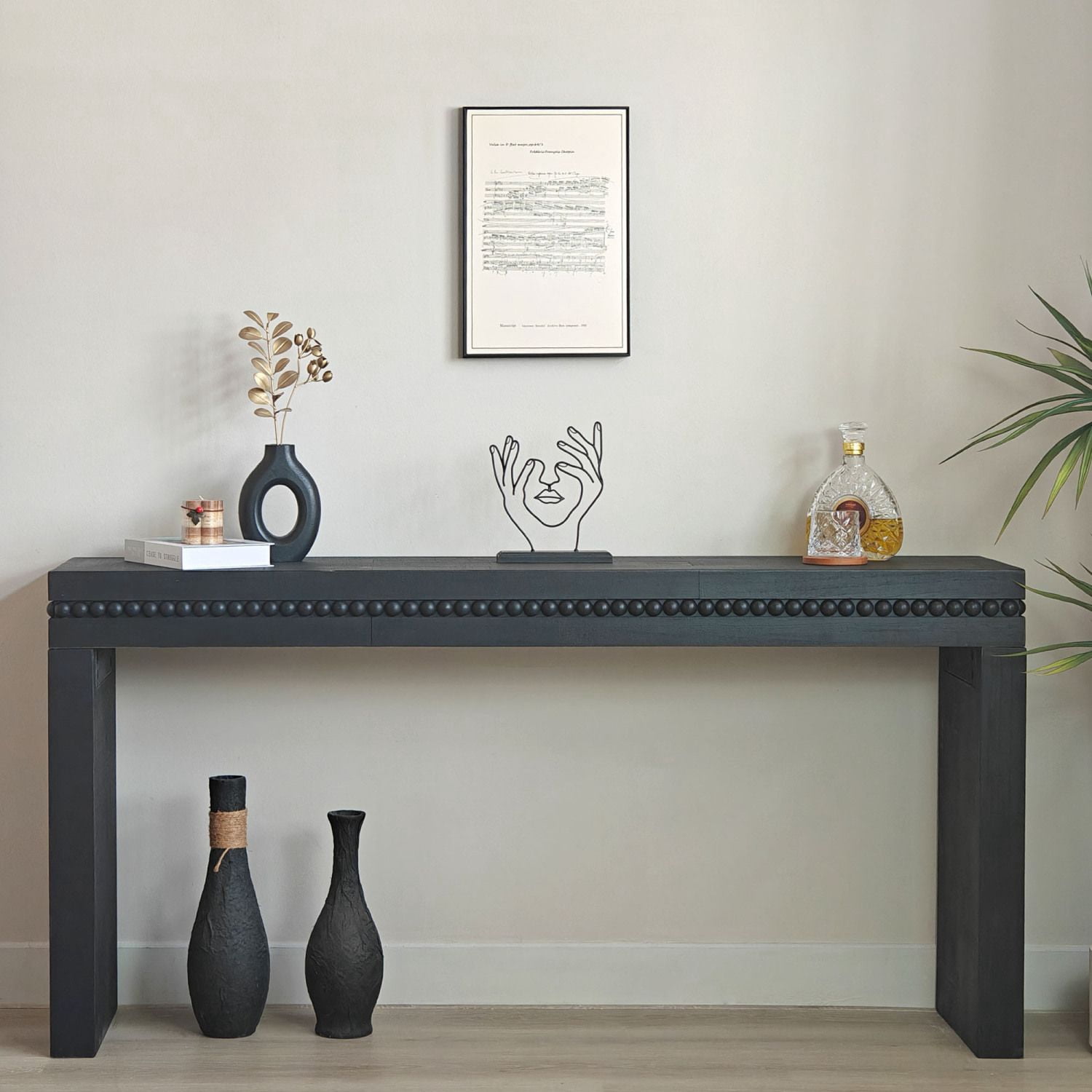 64 in Wood Console Table with Beaded Trim, Modern Entryway Sofa Table for Hallway, Living Room, and Office