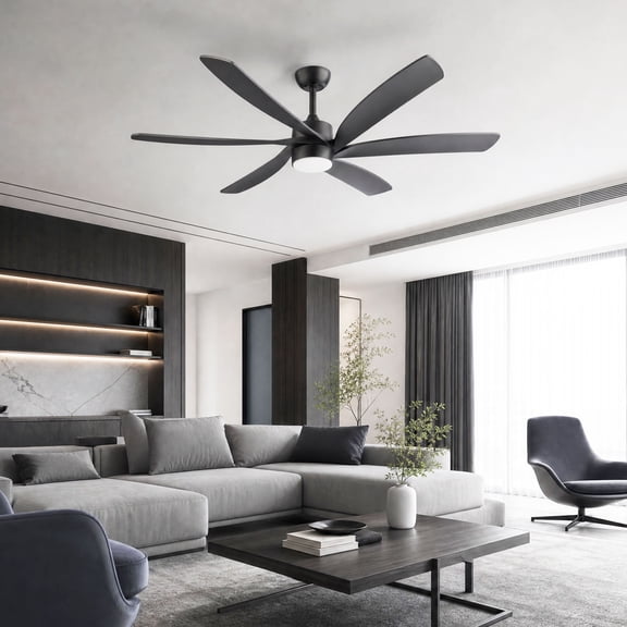 64 inch Large Black Ceiling Fan with Light and Remote, 6 ABS Blades Modern Quiet Reversible DC Motor for Living Room Indoor Commerce