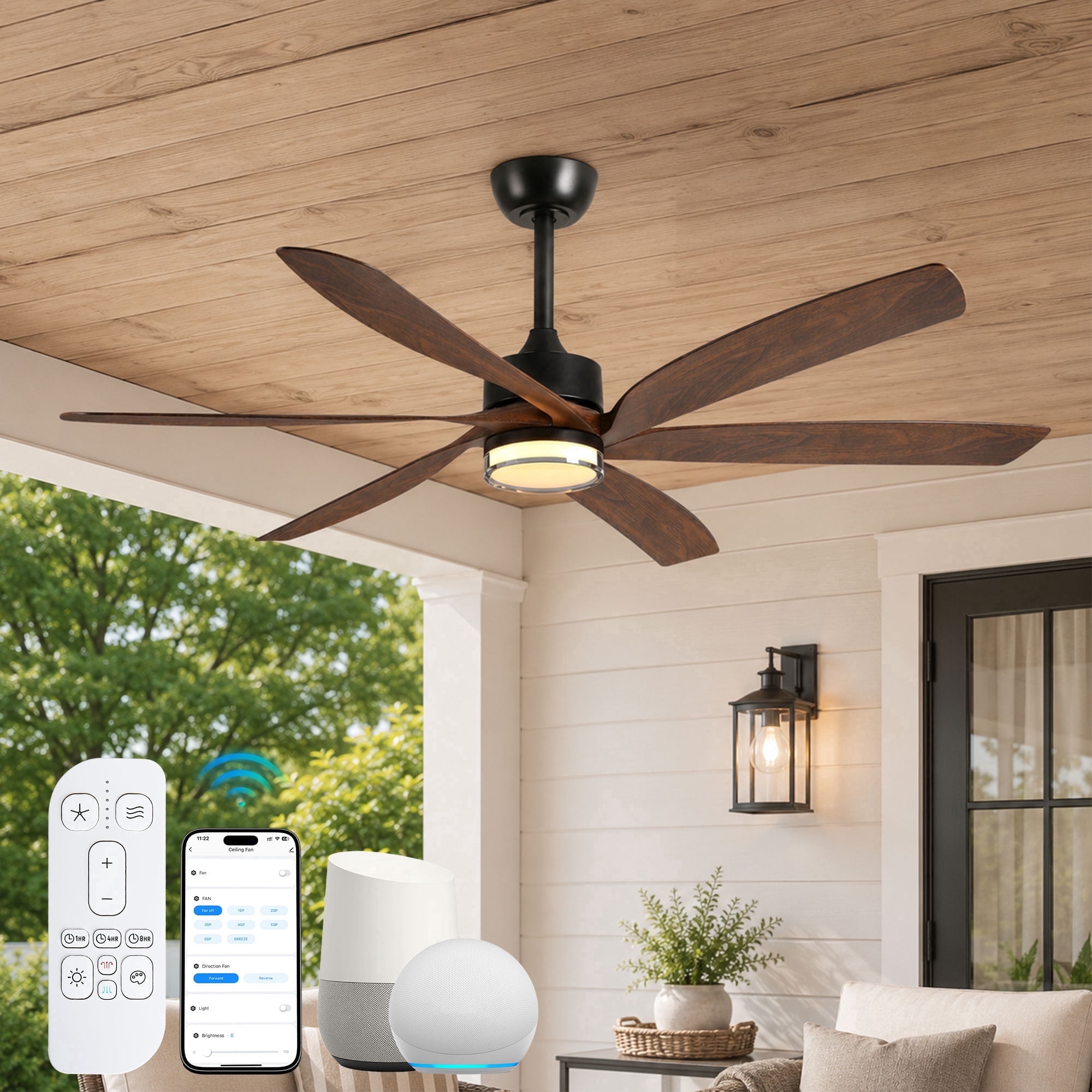 64 inch Farmhouse Ceiling Fans with Light and Remote, 6 ABS Blades Damp Rated Outdoor Patios Fan Works with Alexa Tuya App, Dula-Layer Lampshade