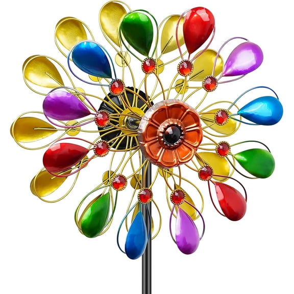 64 inch Garden Wind Spinner, Outdoor Wind Sculpture with 5 Prong Base Stand, Metal Windmill for Lawn Yard Outdoor Art Decorations (B-Colorful)