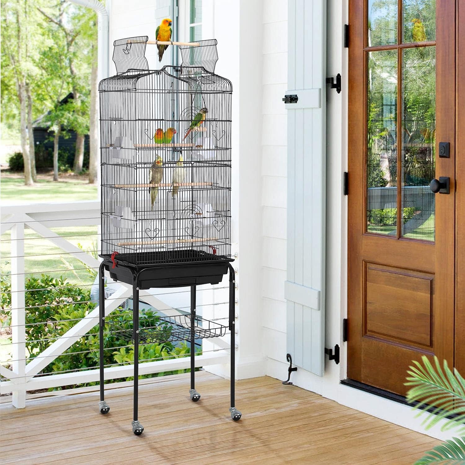 Picture of 64-inch Open Top Bird Cage with Rolling Stand for Parrots, Lovebirds ...