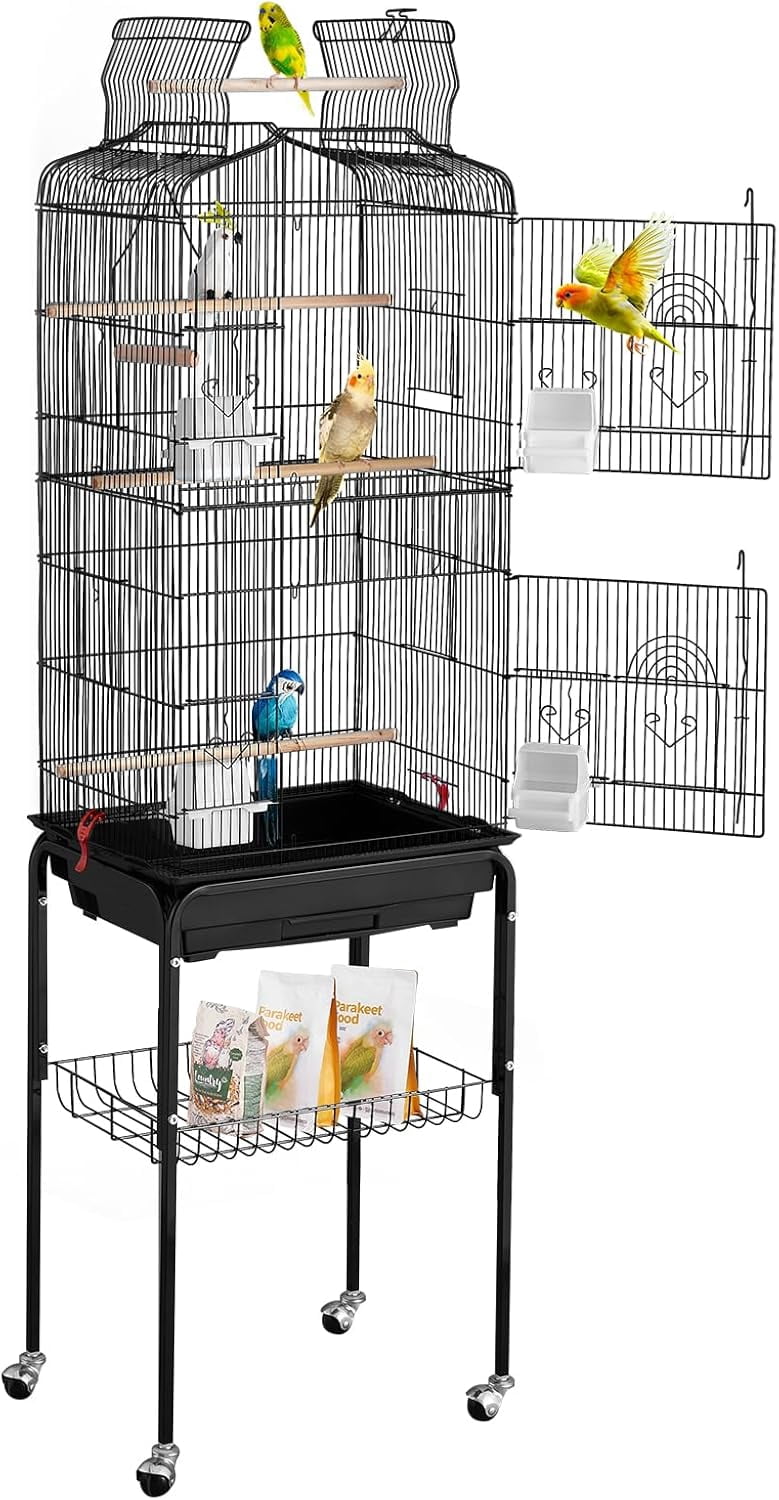 64-inch Open Top Large Parrot Bird Cage with Detachable Rolling Stand for Parakeets Finches Canaries Lovebirds Cockatiels Budgies Small Quaker Conures Flight Birdcage with Swing and Perch