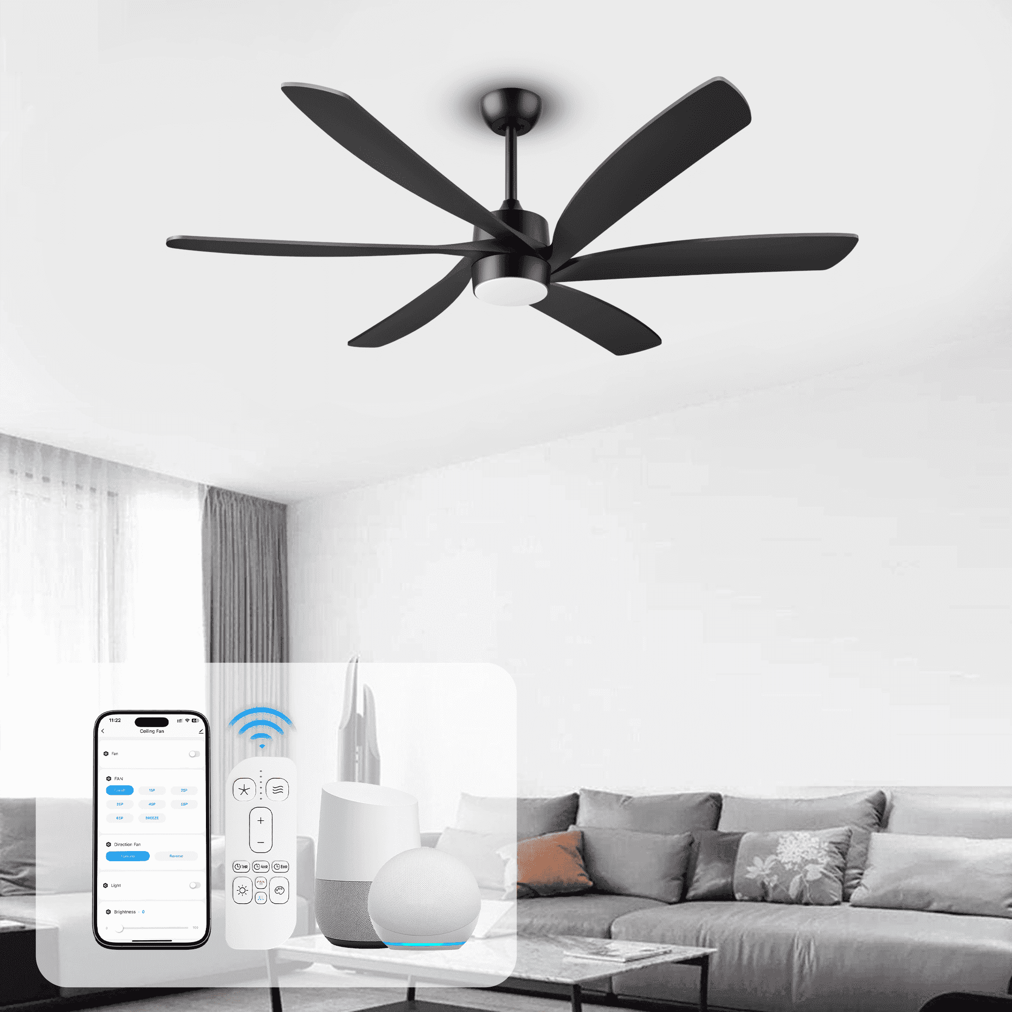 64 inch Smart Ceiling Fan with Remote+App Control,Modern Black 6 ...