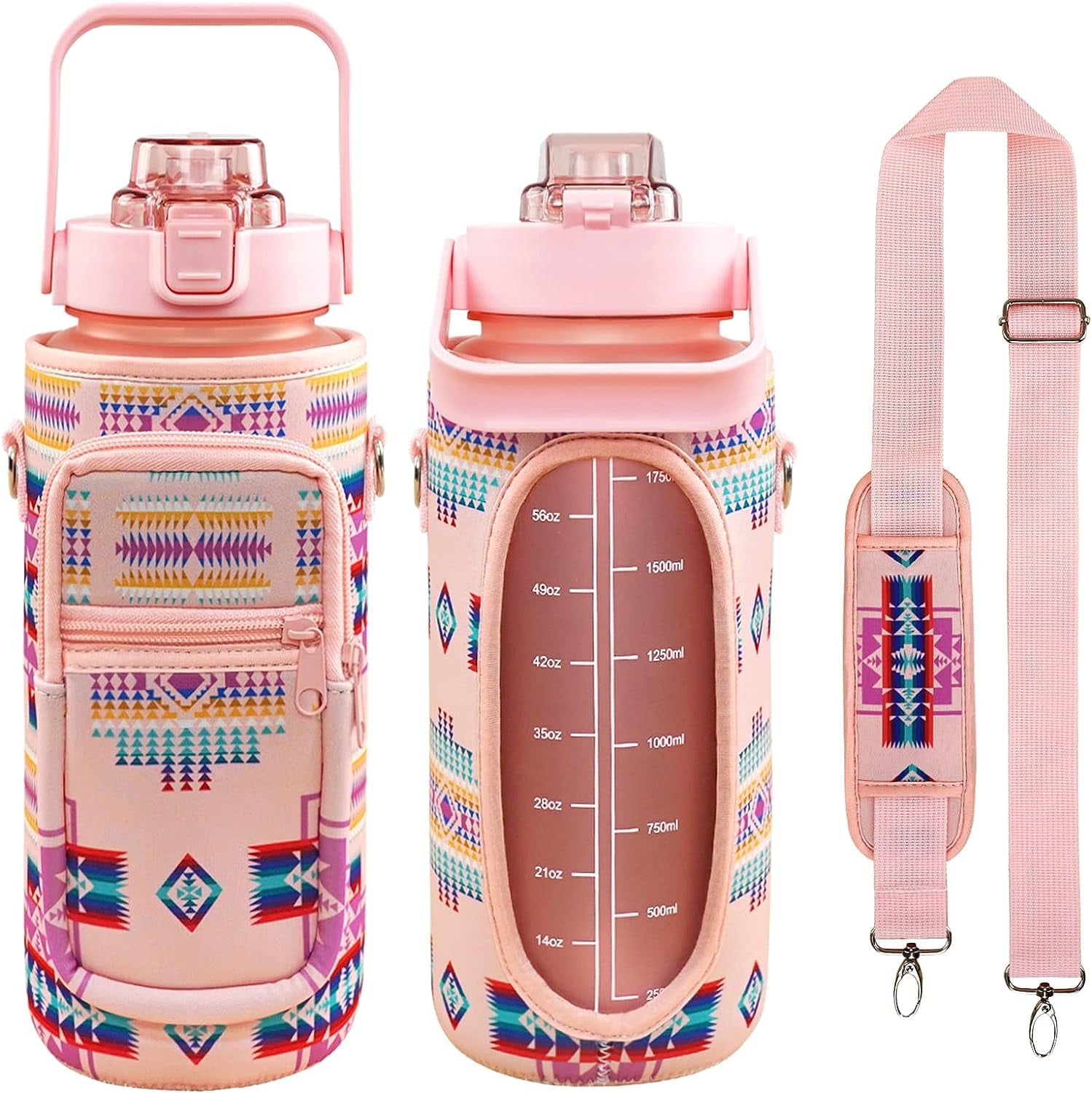 64 oz Bohemia Water Bottle with Sleeve BPA Free Half Gallon Water Jug with Straw and Time Marker, Motivational Gym Workout Pregnancy Water Bottles Gifts for Women